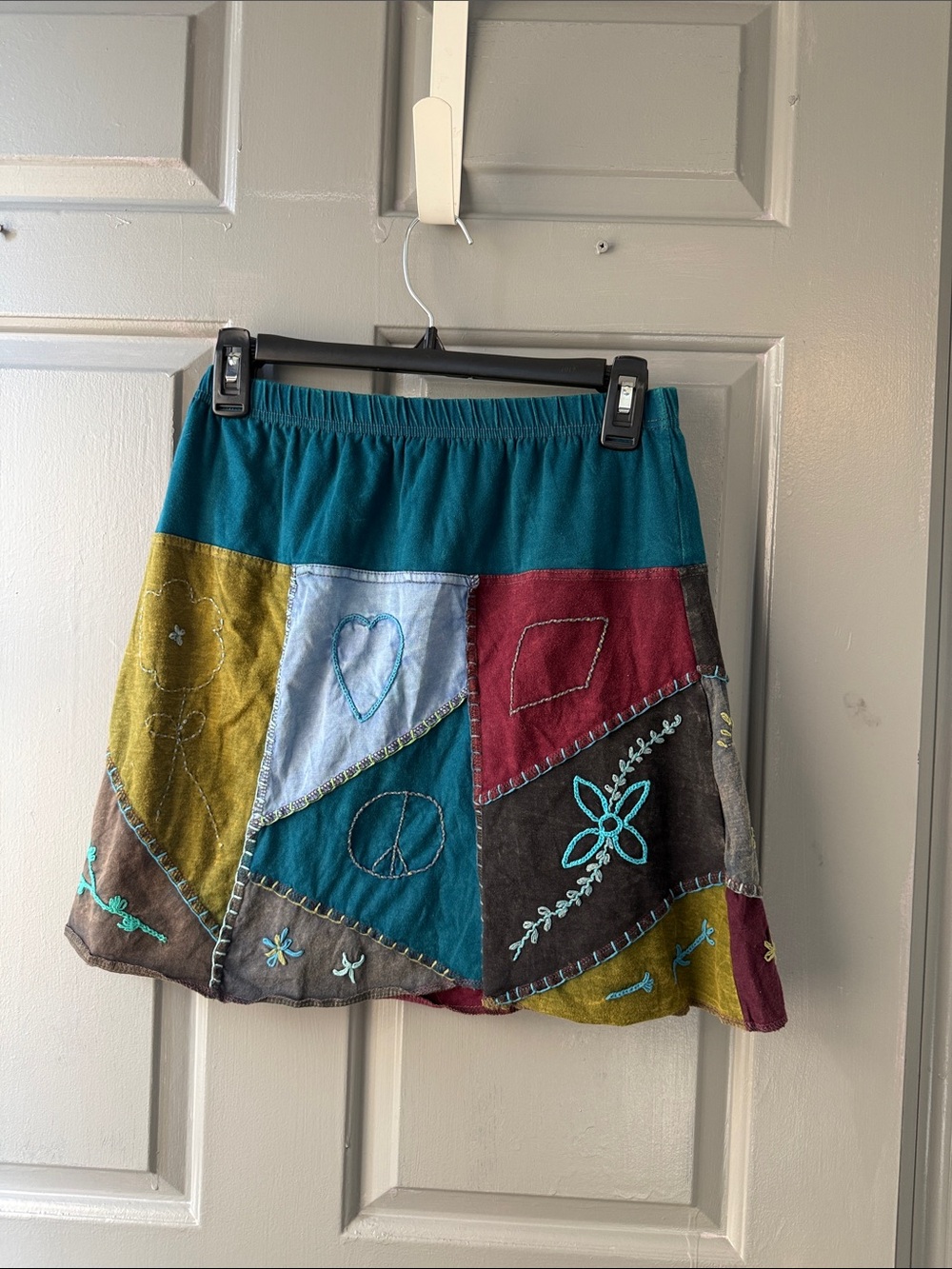 Teal Multicolor Patchwork Embroidered Mini Skirt